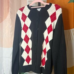 Izod Black Cardigan with Red and White Argyle